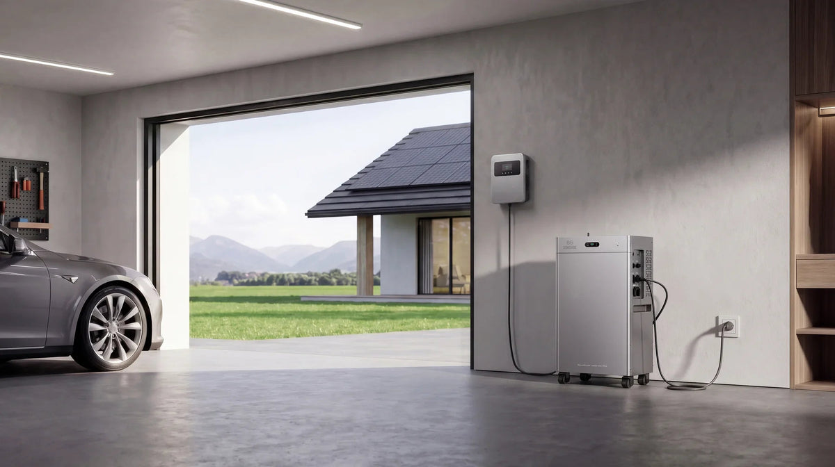 Zendure SolarFlow 4000 Mix AC+ thuisbatterij in moderne garage met zonnepanelen en Tesla EV opladen