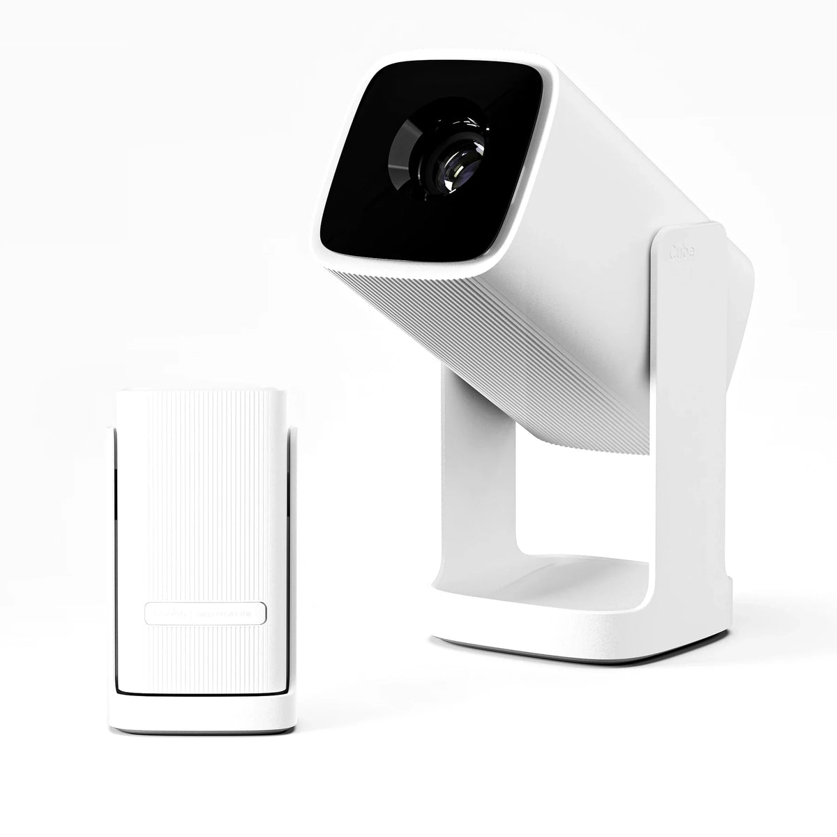 Wanbo Cube 1 in het wit opengeklapt naast de dichtgeklapte cube