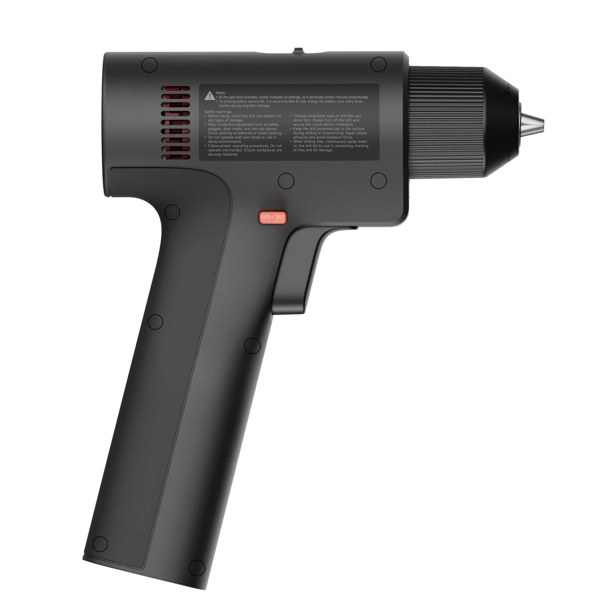 Rechterzijde van de Xiaomi Mijia Brushless Cordless Drill 2 met specificatielabel