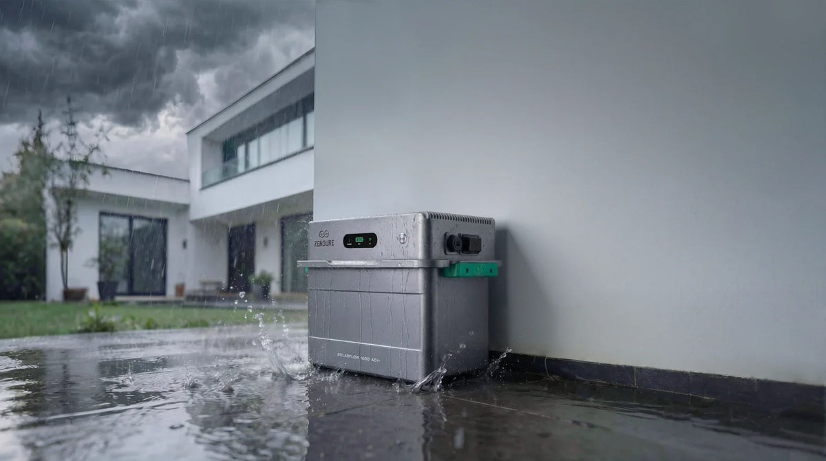 Zendure SolarFlow 1600 AC+ staat buiten in de regen dankzij de IP65-behuizing