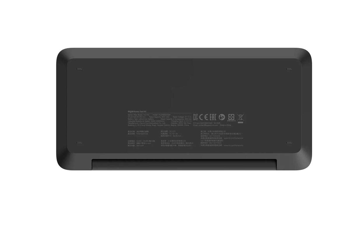 Onderkant van de opbergkoffer van de Xiaomi Mijia Rotary Tool Kit met het specificatielabel