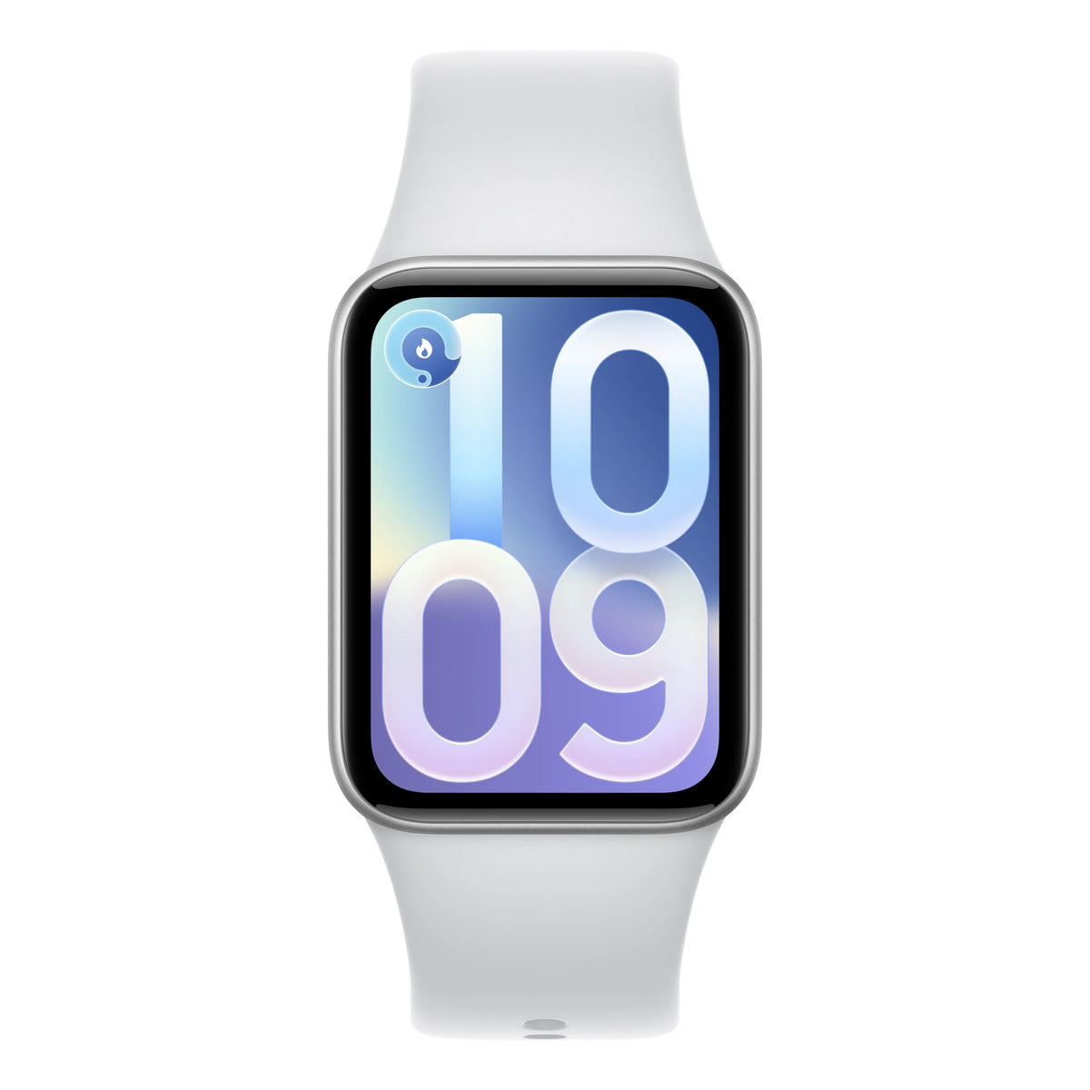 Vooraanzicht van de Xiaomi Smart Band 10 Pro in het zilver met leeg scherm
