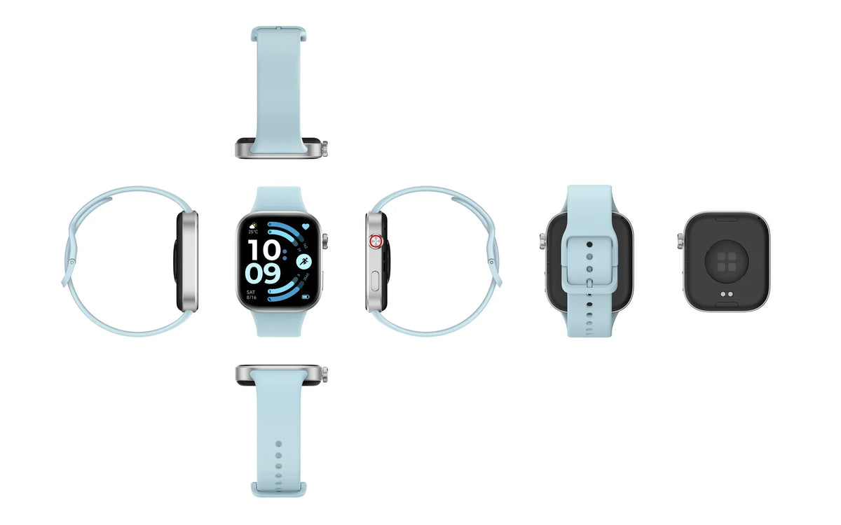 Zes aanzichten van de Xiaomi Redmi Watch 6 in het blauw