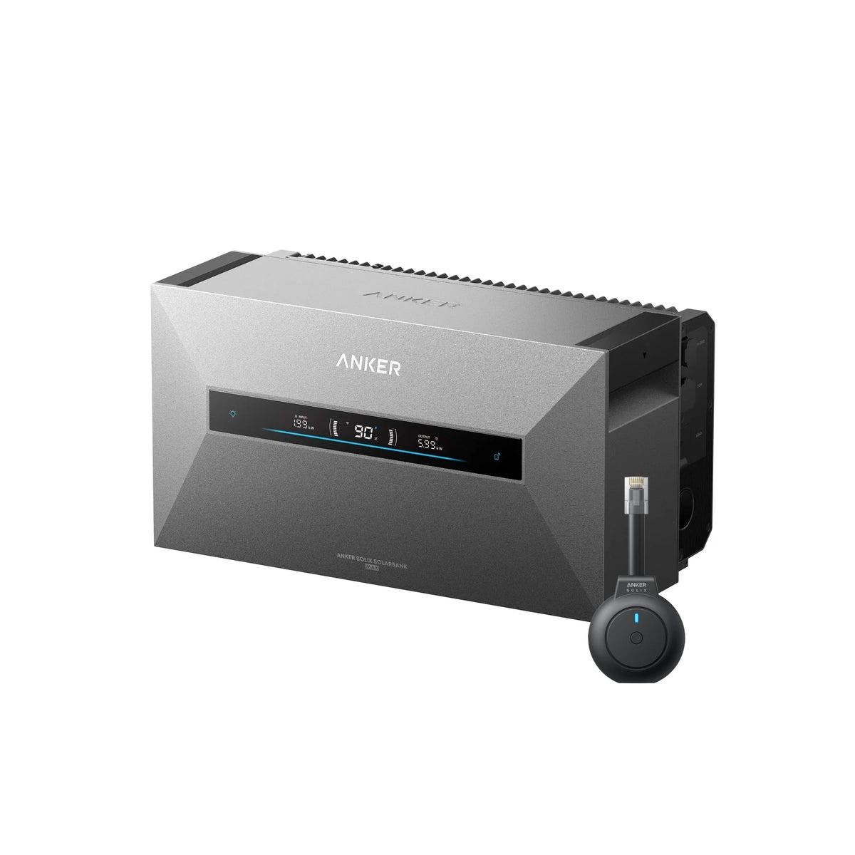 Anker SOLIX Solarbank Max Hybrid thuisbatterij schuin van voren op witte achtergrond met een p1 meter er naast