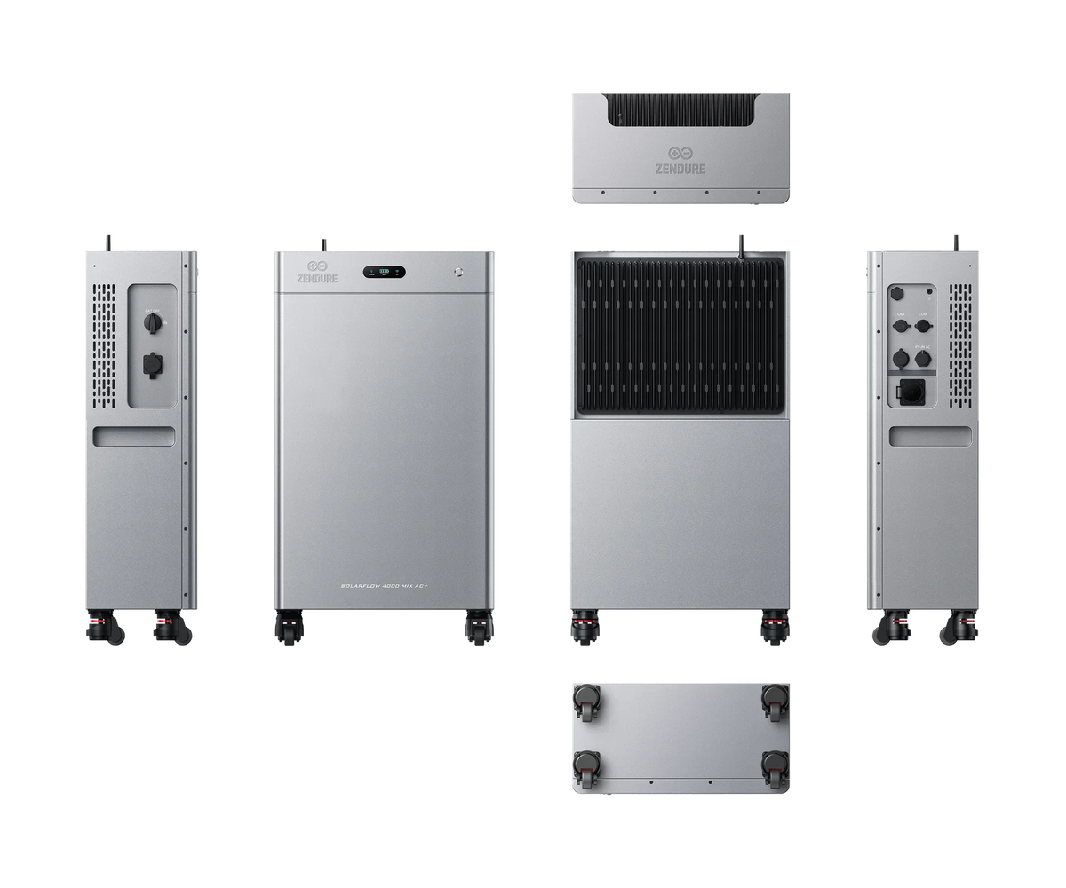 Zes aanzichten van de Zendure SolarFlow 4000 Mix AC+ naast elkaar