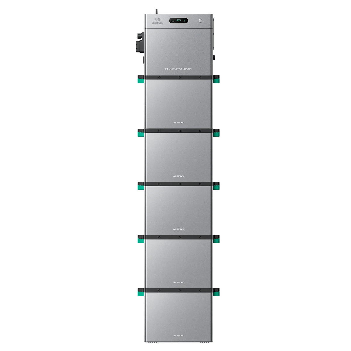Zendure SolarFlow 2400 AC+ met vijf AB3000L uitbreidingsaccu's, samen 16,8 kWh