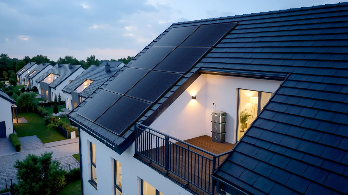Zendure SolarFlow 1600 AC+ op een balkon onder zonnepanelen