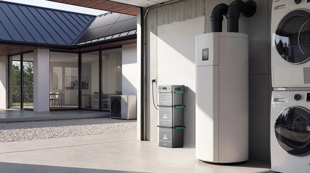Zendure SolarFlow 1600 AC+ in de berging naast een warmtepomp