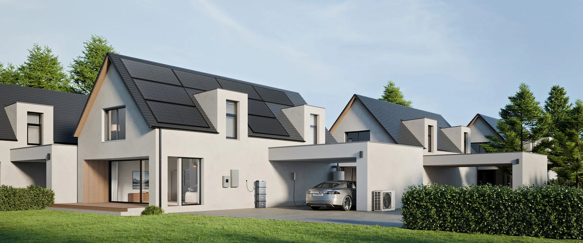 Wijk met zonnepanelen waar de Zendure SolarFlow 1600 AC+ de stroom opslaat
