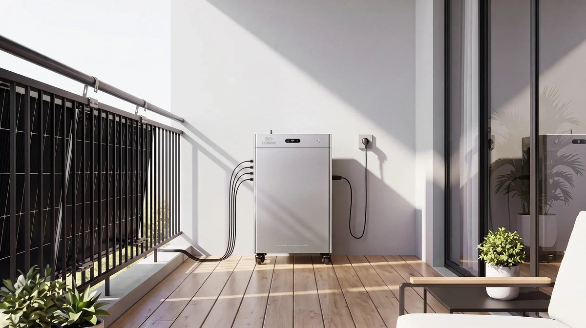 Zendure SolarFlow 4000 Mix Pro op een balkon met zonnepanelen