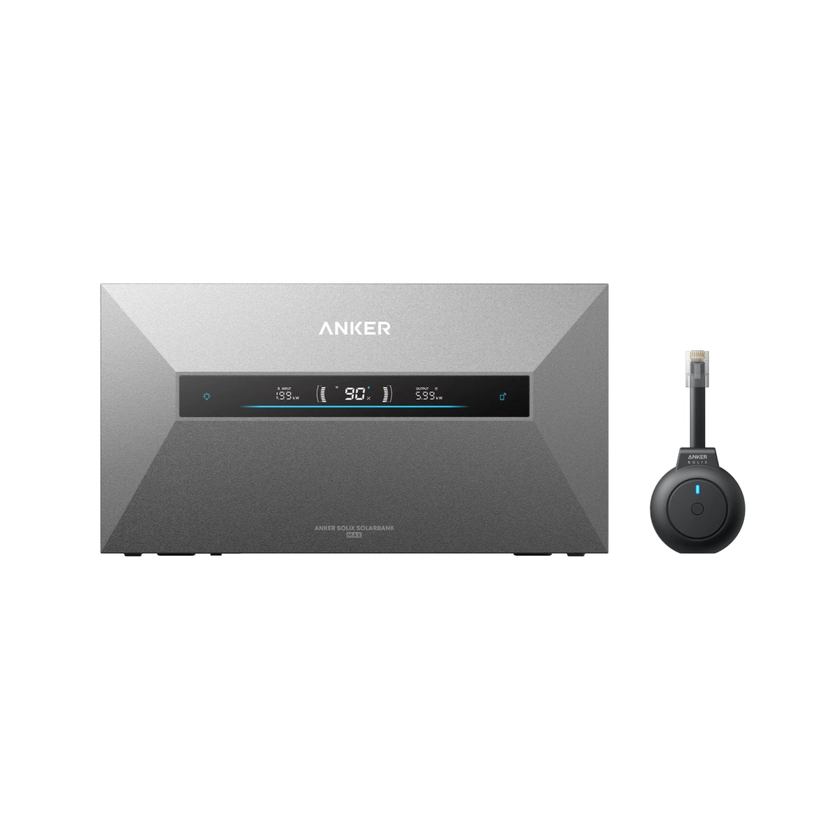 Anker SOLIX Solarbank Max Hybrid recht van voren met een p1 meter er naast