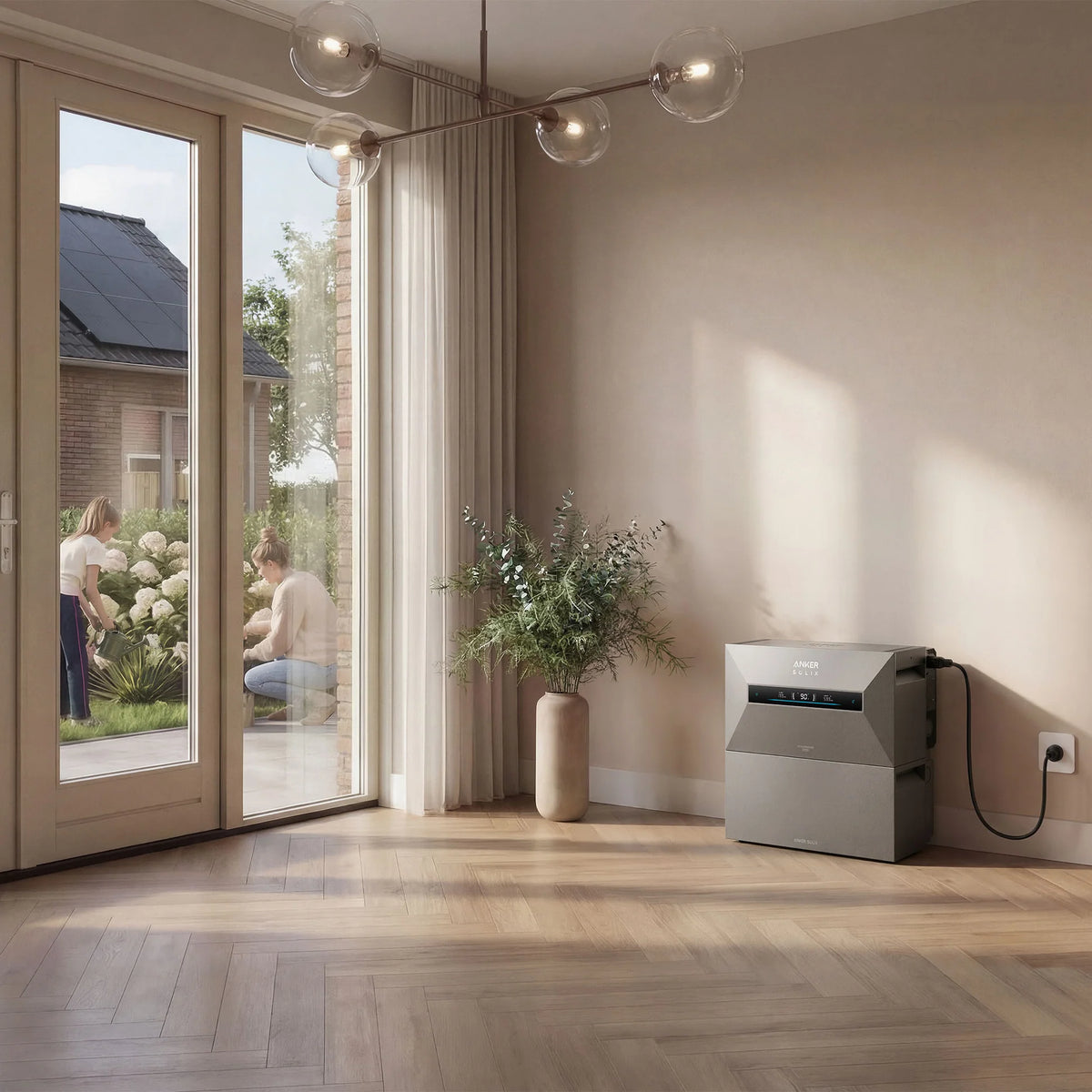De Anker SOLIX Solarbank Max AC thuisbatterij geïnstalleerd in een moderne woning voor het opslaan van overtollige zonne-energie en slim energiebeheer.