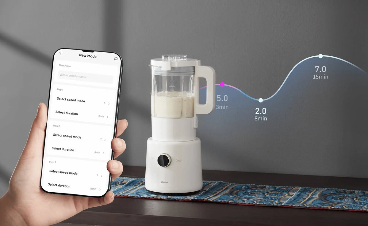 Xiaomi Joyami blender met app-bediening op smartphone toont slimme speed modes en duur instellingen