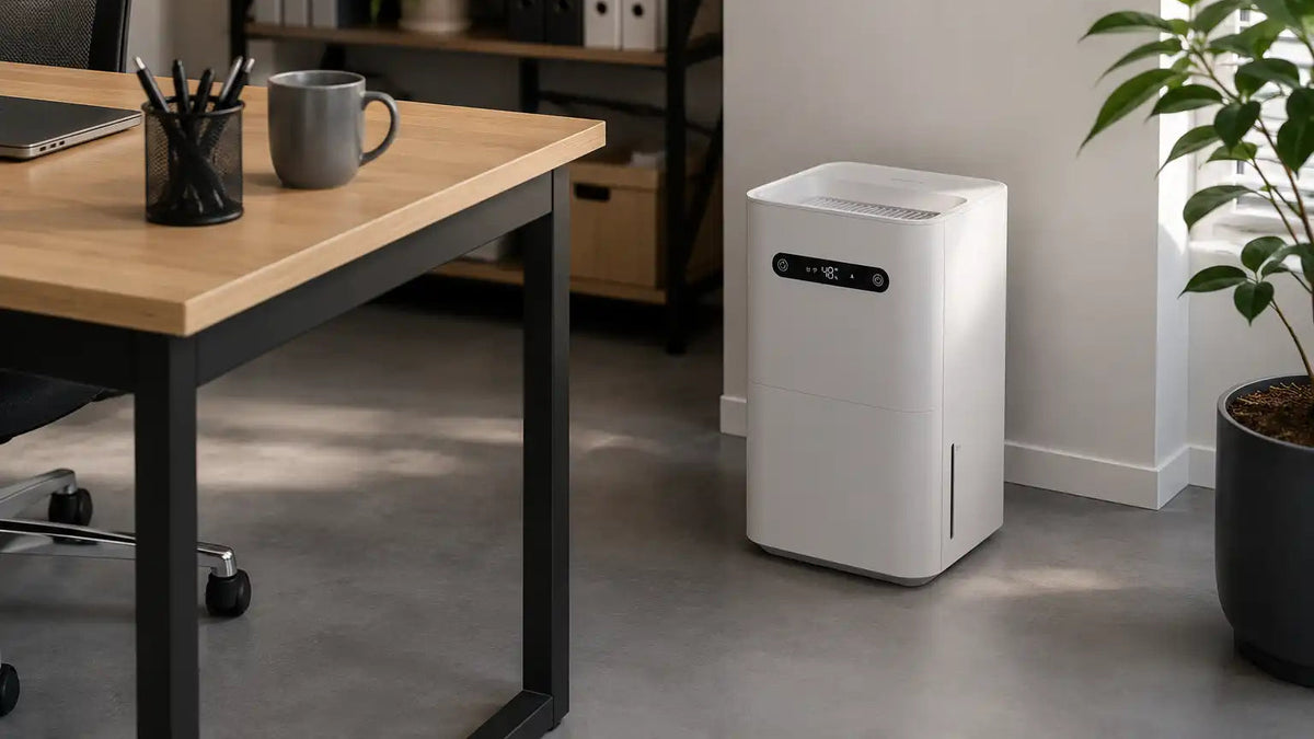 Xiaomi luchtbevochtiger op kantoor bureau naast laptop, koffie en planten