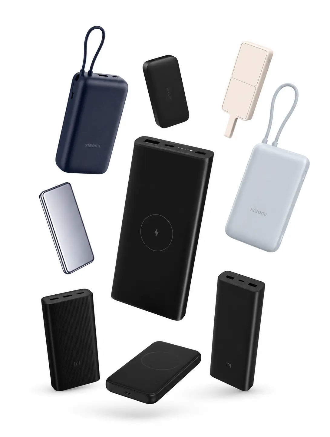 Assortiment Xiaomi en Redmi powerbanks in verschillende kleuren en formaten, ook draadloos