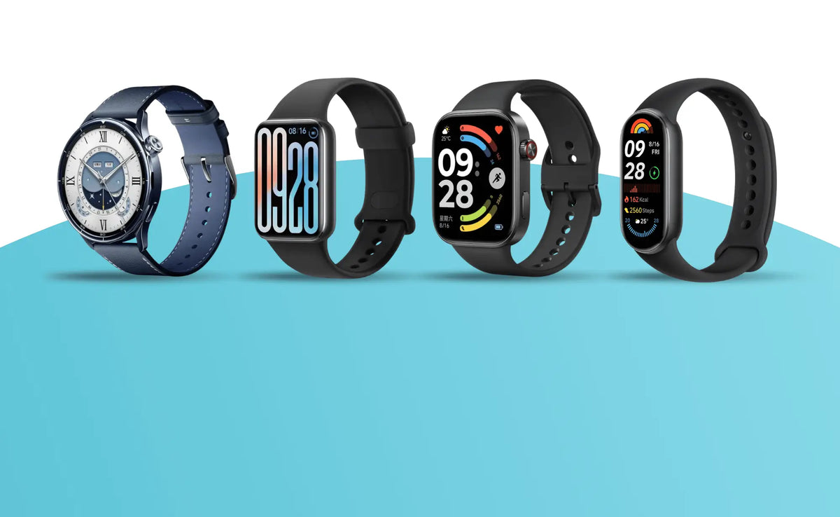 Assortiment Xiaomi smartwatches in verschillende maten en designs, van klassiek tot moderne modellen