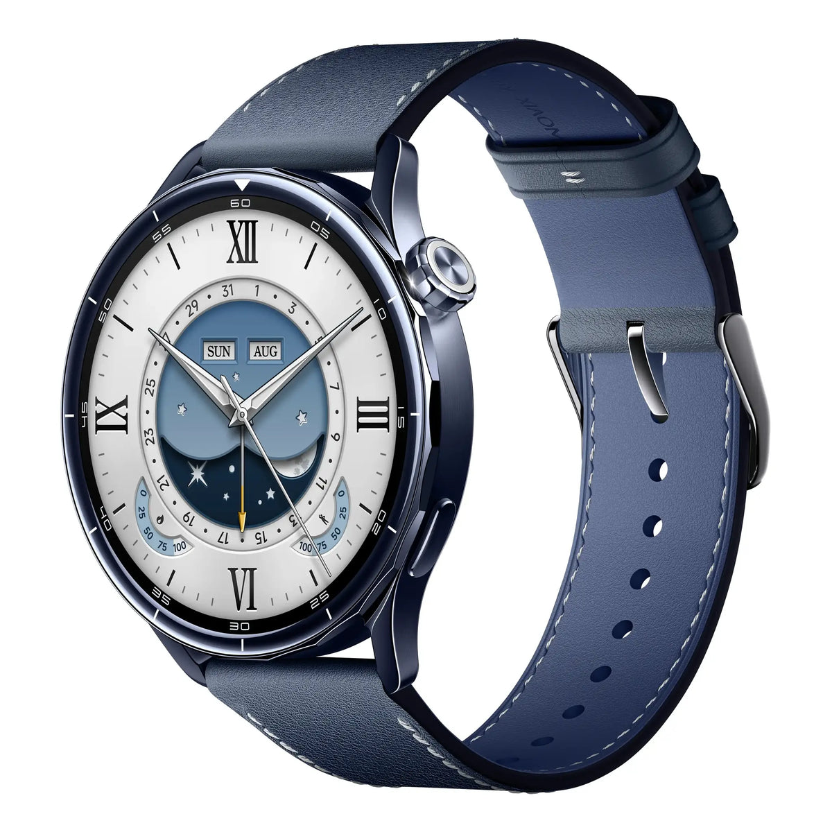Xiaomi Watch S5 46mm smartwatch in blauw met leren band en maanwijzerplaat, schuin aanzicht