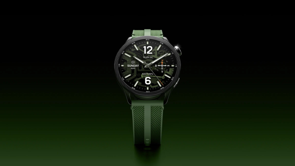 Xiaomi Watch S5 46mm smartwatch in groen met skeleton wijzerplaat en kompas op donkere achtergrond