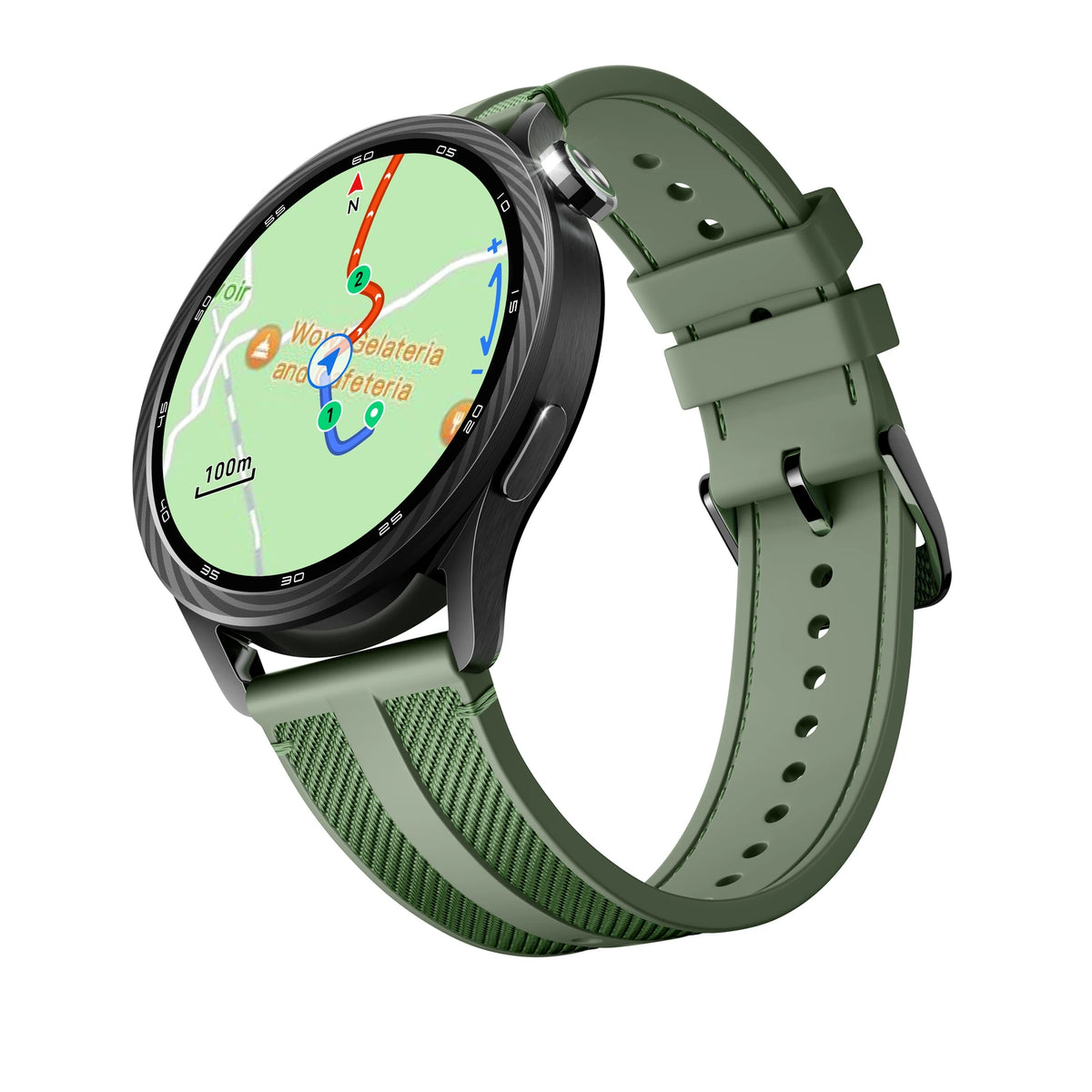 Xiaomi Watch S5 smartwatch met offline kaarten en routenavigatie op het scherm en groene sportband