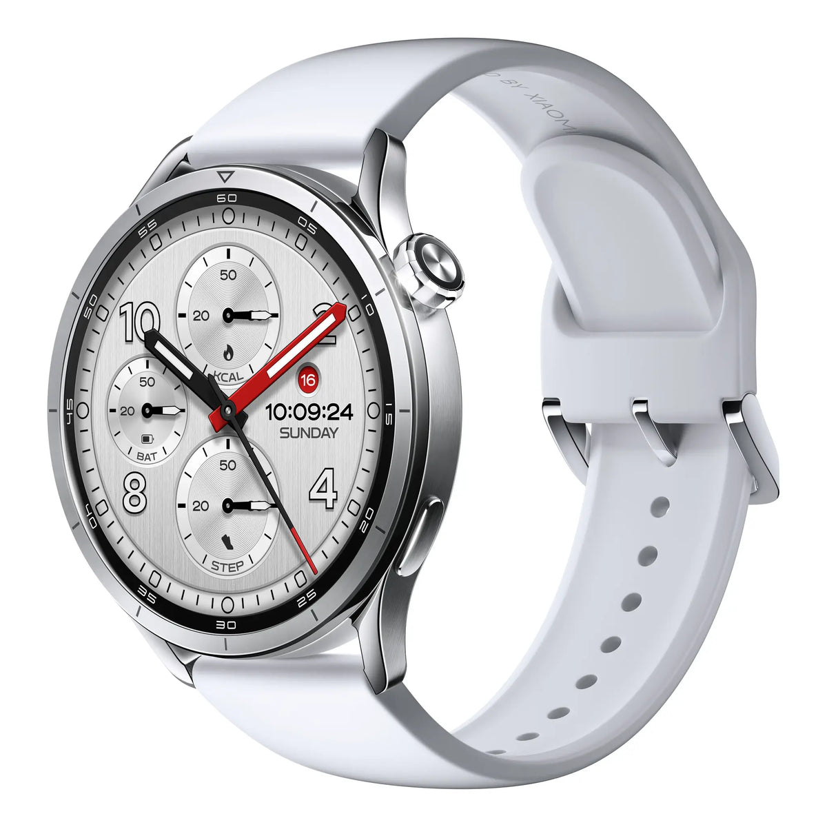 Xiaomi Watch S5 46mm smartwatch in zilver met witte rubberen band, schuin aanzicht op wit