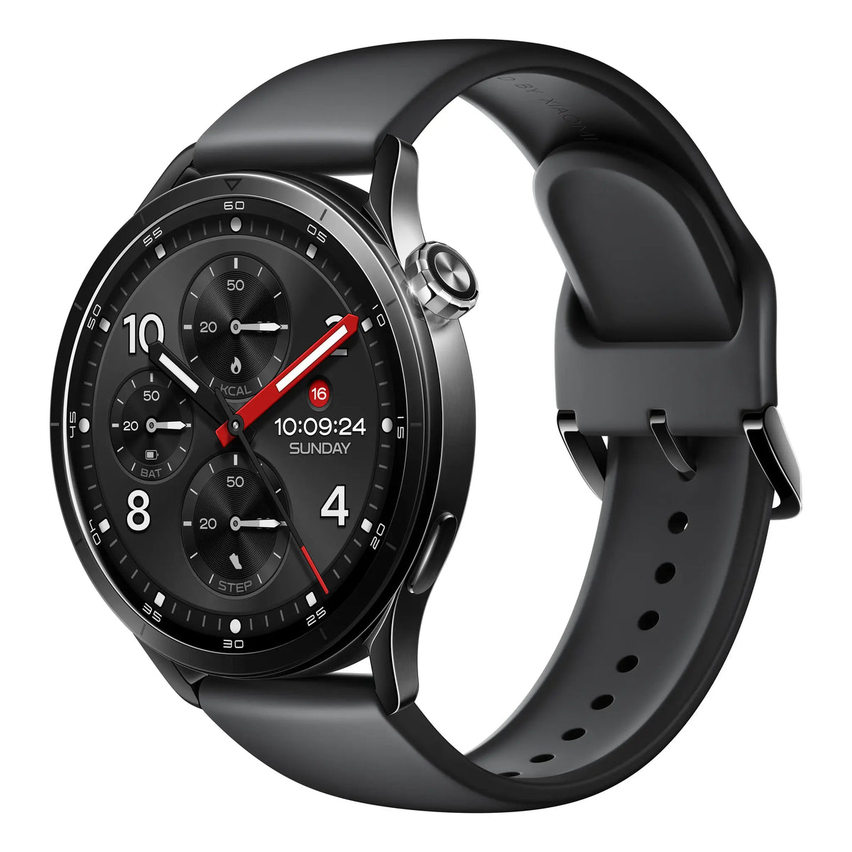 Xiaomi Watch S5 46mm smartwatch in zwart met rubberen band en chronograaf, schuin aanzicht