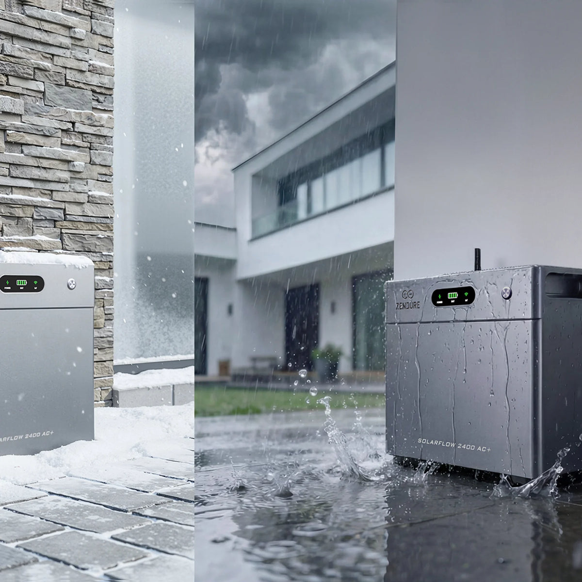 Zendure SolarFlow 2400 AC+ buiten in sneeuw en regen dankzij IP65