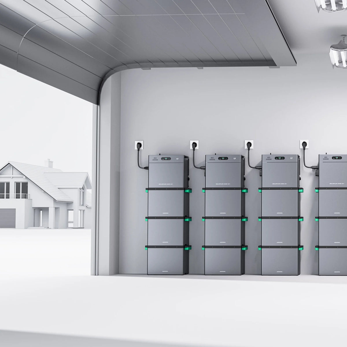 Zes Zendure SolarFlow 2400 AC+ opstellingen naast elkaar in een garage