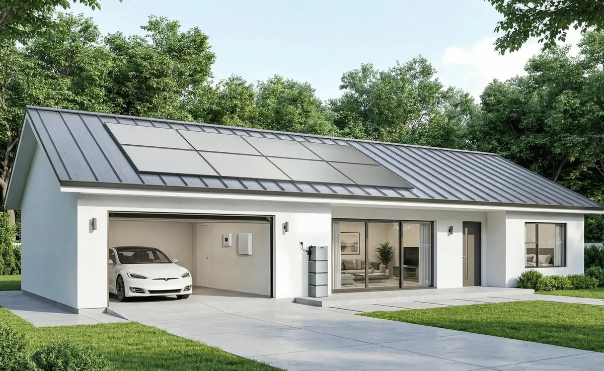 Modern huis met zonnepanelen op het dak, Zendure thuisbatterij aan de zijkant en Tesla in garage met EV-oplaadpunt